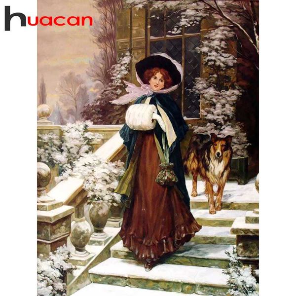

diamond painting huacan 5d rhinestones woman portrait embroidery mosaic complete kit winter art paintings on the wall