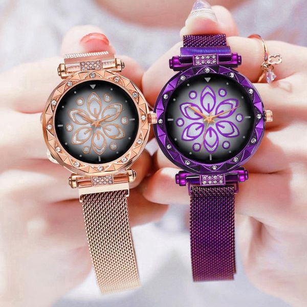 

wristwatches 2021 luxury women watches flower stainless steel magnet mesh belt quartz watch clock relogio feminino, Slivery;brown
