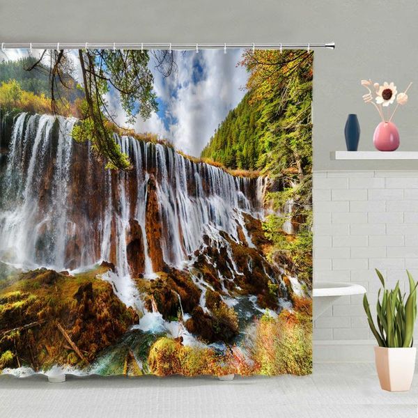

shower curtains waterfall curtain forest flowers autumn natural scenery bathroom decoration bath washable with hooks home decor