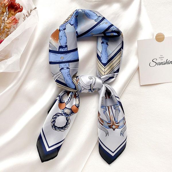 

scarves 2021 fashion 70*70cm square women ocean anchor silk shawl scarf office lady hair neck headband foulards headcloth muslim hijab, Blue;gray