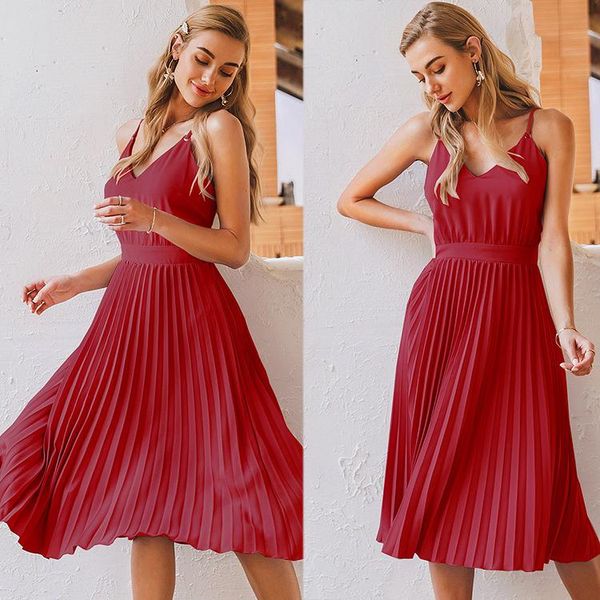 

casual dresses elegant midi retro dress women's 2021 solid color v-neck waist slimming over-the-knee pleated office lady, Black;gray