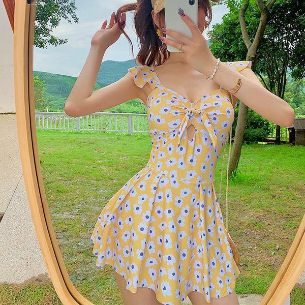 

one piece swimming suit for women yellow floral swimsuit female swimwear with skirt fused teenage plus size korea fairy one-piece suits