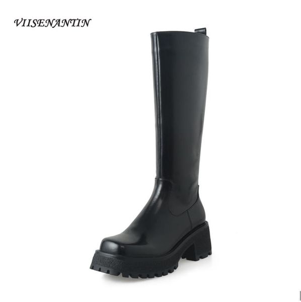 

boots style cowhide thick-soled knee-length autumn and winter fashion round toe waterproof platform side zipper, Black