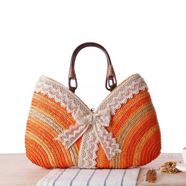 

evening bags straw tote bag women luxury designer handbag shopper 2021 fashion color stripe lace bow knot rattan handle weave beach