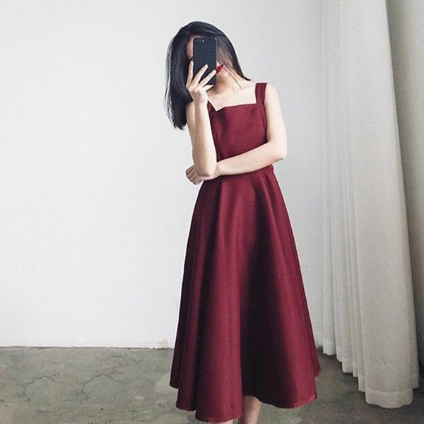 

casual dresses dress women suspender square collar elegant korea plus size korean elegance a-line long, Black;gray