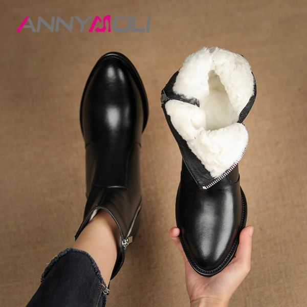 

boots annymoli pointed toe woman real leather ankle genuine wool high heel short zip thick ladies shoes size 42, Black
