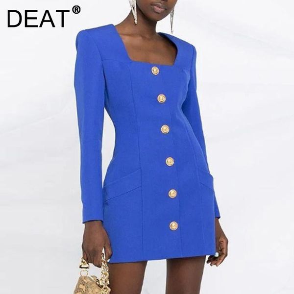 

casual dresses [deat] 2021 autumn fashion tide square collar high waist single-breasted long sleeve dress women 13z1021, Black;gray