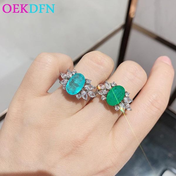 

real925 sterling silver rings oval paraiba tourmaline emerald gemstone wedding engagement party ring fine jewelry cluster, Golden;silver