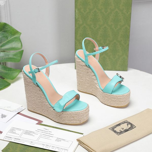 

designer the latest women's slope heel sandals leather material hemp rope woven sole waterproof platform, Black