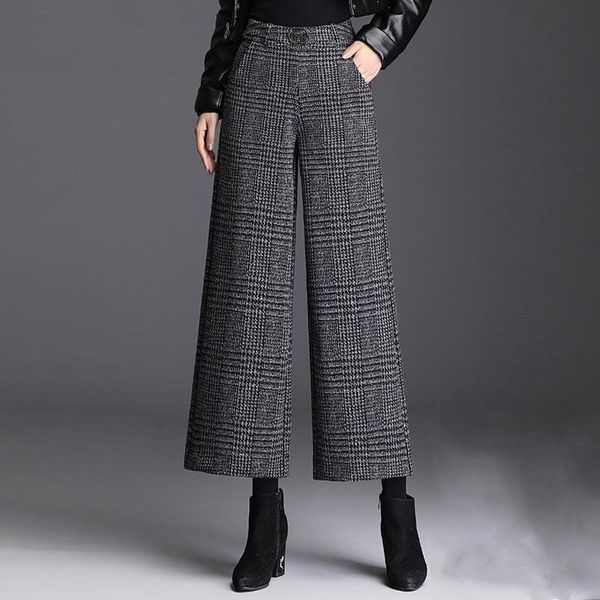 

women's pants & capris women 2021 autumn winter fashion plaid wide leg casual woolen trousers female high waist loose ankle-length h155, Black;white