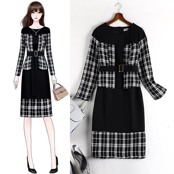 

casual dresses 5xl women 4xl 2021 autumn winter plus size plaid tweed patchwork belt o-neck ol false 2 pieces dress y768, Black;gray