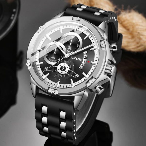 

wristwatches lige big dial men's watch 2021 chronograph sport men watches design creative with dates male wrist for mens silicone strap, Slivery;brown