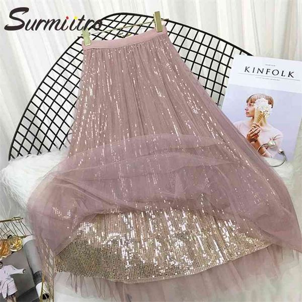

spring summer fashion 3 layers sequin tulle long skirt women korean style high waist pleated school female 210421, Black