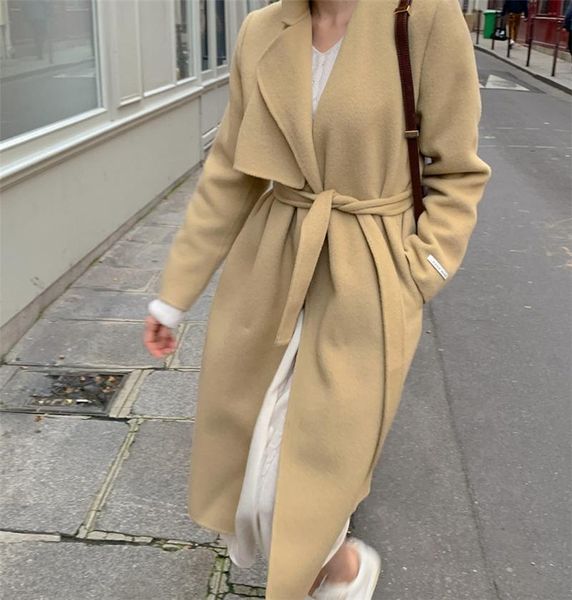 

women's wool & blends vintage oversize lace up woolen lady long 2021 autumn winter blazers pockets jackets elegant, Black