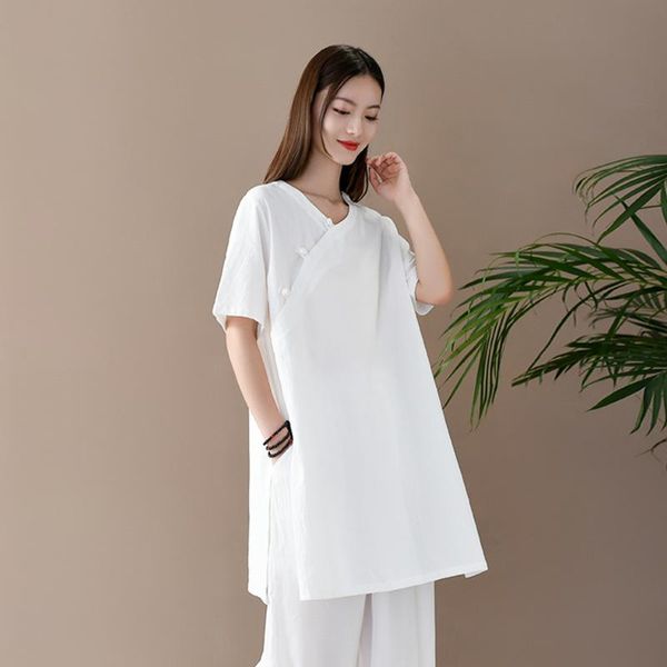 

women's t-shirt 21 spring and summer national style coil buckle v-neck cotton medium long short sleeve zen tea, White