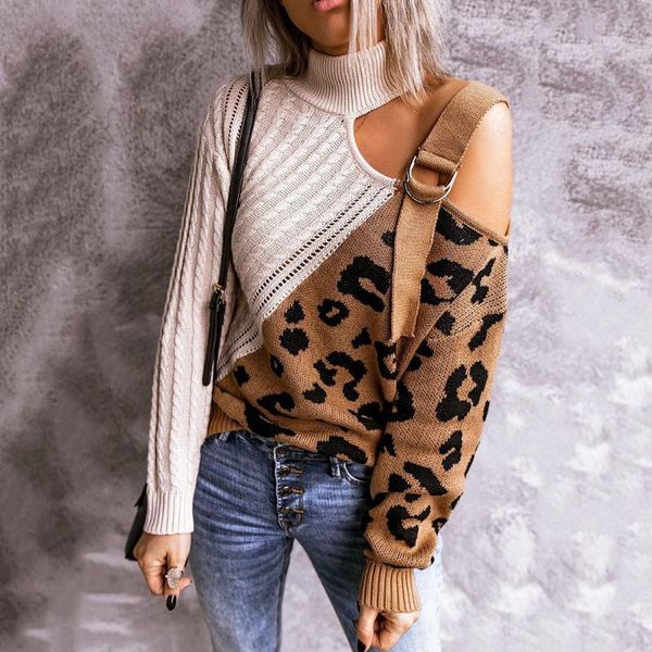 

women's sweaters fashion womens sweater 2021 autumn winter leopard color contrast splicing strapless turtleneck long sleeve pullover wo, White;black