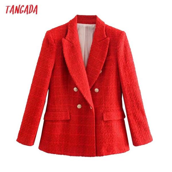 Tangada mulheres moda escritório desgaste vermelho tweed duplo breasted blazer casaco vintage manga comprida bolsos feminino outerwear be930 211006