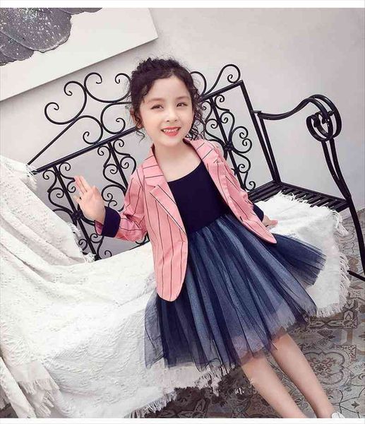 

fashion girls suit jackets foreign princess big children autumn childrens striped solid color suits, Black