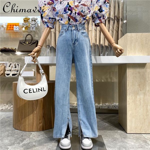 

women's jeans two buttons straight split women 2021 retro pocket labeling loose wide leg trousers female denim, Blue