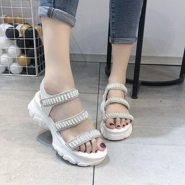 

pearl platform sandals women shiny open toe summer sweet outdoor thick sole white black 2021