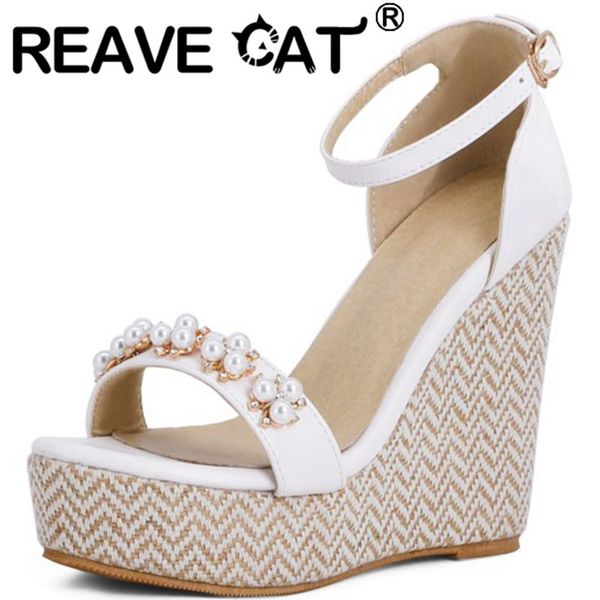 

dress shoes reave cat 2021 summer beading sweet solid open toe cover heel ankle buckle strap 12.5cm wedge sandal with platforms size 30-48, Black