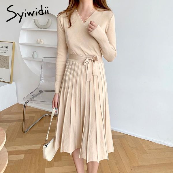 

casual dresses syiwidii for women fall winter 2021 korean fashion o-neck long sleeve a line pleated sweater midi dress with belt, Black;gray