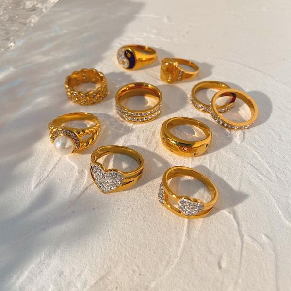 

cluster rings stainless steel shiny zircon pearl heart shape yin yang for women stacking band jewelry wedding party accessories, Golden;silver