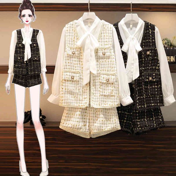 

pants autumn winter tweed 3 piece set outfits women chiffon bow collar shirt single-breasted plaid vest + high waist shorts, White