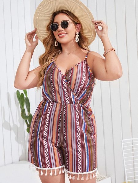 

plus striped tassel trim cami romper p9tv#, Black