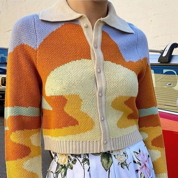 

women's sweaters camisola de malha feminina estilo francs, casaco solto e chique com estampa sol curto para outono x8w2, White;black