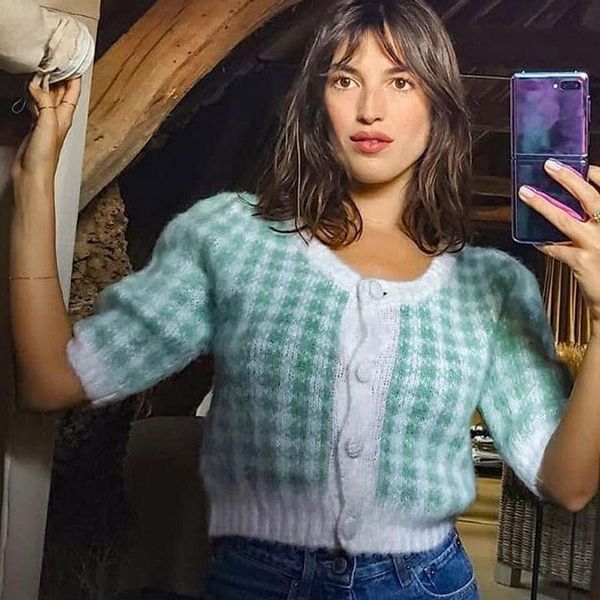 

women's knits & tees 2021french puff short sleeve plaid cropped cardigan women summer knitted green sweater vintagen y2k vintage cute p, White