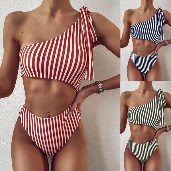 

ztvitality striped bandage one piece swimsuit 2021 shoulder padded hollow out swimwear women bathing suit monokini one-piece suits