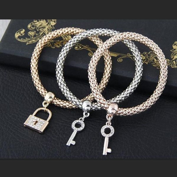 

link, chain 3 pcs/set crystal key lock charm bracelets & bangles gold alloy elephant anchor pendants rhinestone for women jewelry, Black