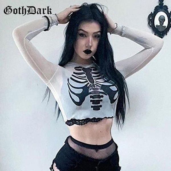 

women's t-shirt goth dark gothic aesthetic grunge punk women tshirts long sleeve mesh ruffles crop bodycon white alt clothes print