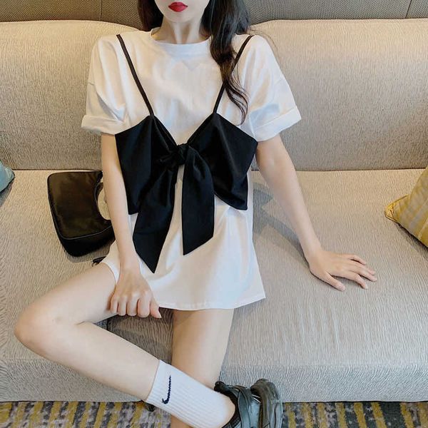 

women's t-shirt patchwork t shirt bow fake short sleeved t-shirt summer korean style long fashion harajuku oversize women wpy1, White