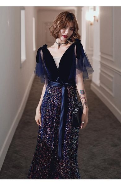 

party dresses charming velvet sequins evening gown unique tulle sleeves v neck long prom dress custom made, White;black
