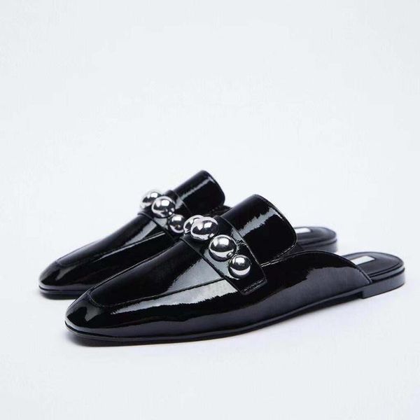 

slippers 2021 beige heeled sandals square toe luxury slides comfort black flat rivet soft female shoes mules for women