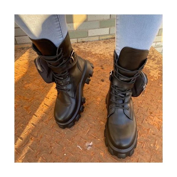 

boots product pocket motorcycle women platform shoes lace up thick-soled black military woman