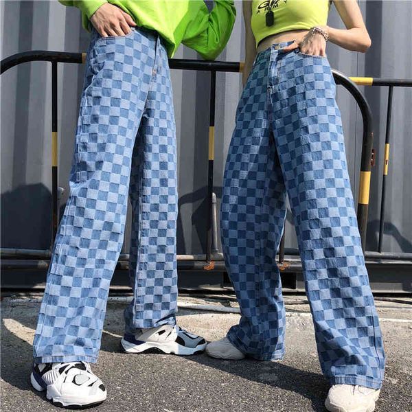 

women's jeans autumn winter loose big size trousers high waist personality plaid printing women wide leg pants fu055 h10x, Blue