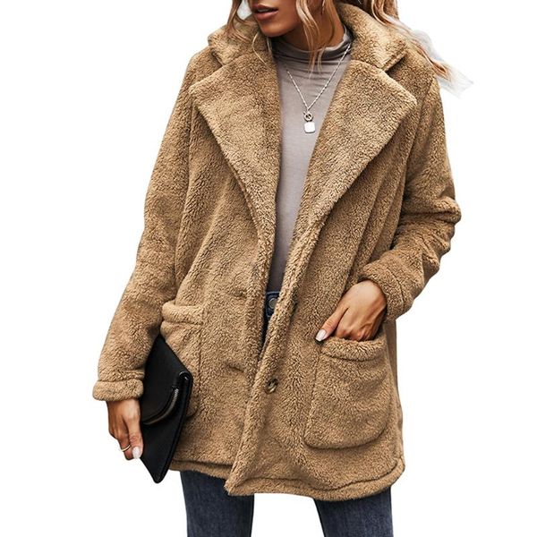 

women's jackets 2021 winter thickened plus velvet lapel plush jacket for women solid color turn-down collar long sleeve coats female ou, Black;brown