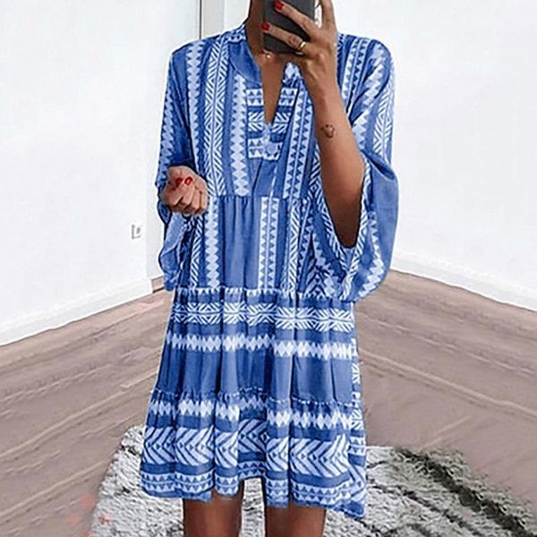 

casual dresses summer holiday bohemian loose dress women's printed long sleeve v-neck large swing smock ladies elegant mini, Black;gray