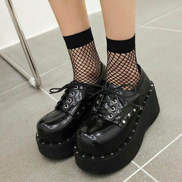 

boots punk maid dress platform women's shoes mary janes red black gothic rock lolita girls wedge high heels rivet laces single