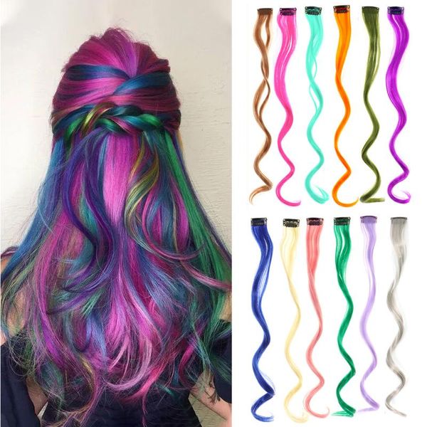 

synthetic wigs clip in one piece color hair long wavy colorful rainbow 22 inch party highlights for women kids girls, Black
