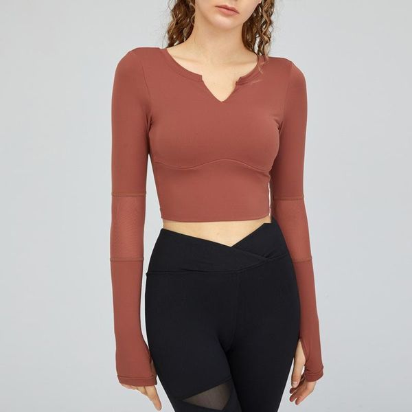 

yoga outfit shirt with pad 2021 spring autumn sport for women gym fitness clothing v-neck crop long sleeve t u474