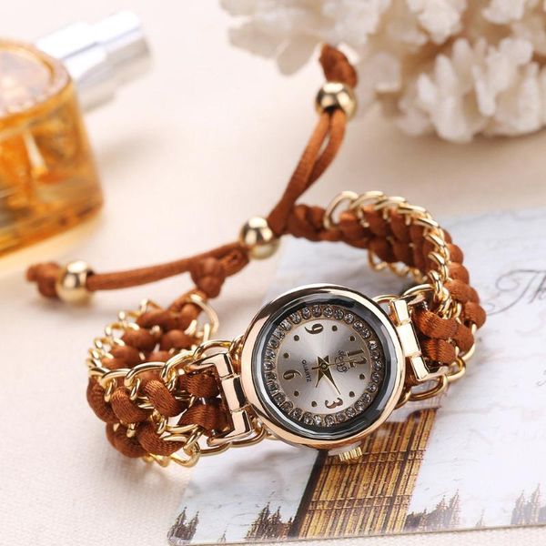 

wristwatches women watches fashion lady knitting rope chain winding rhinestone dial bracelet quartz wrist watch clock, Slivery;brown