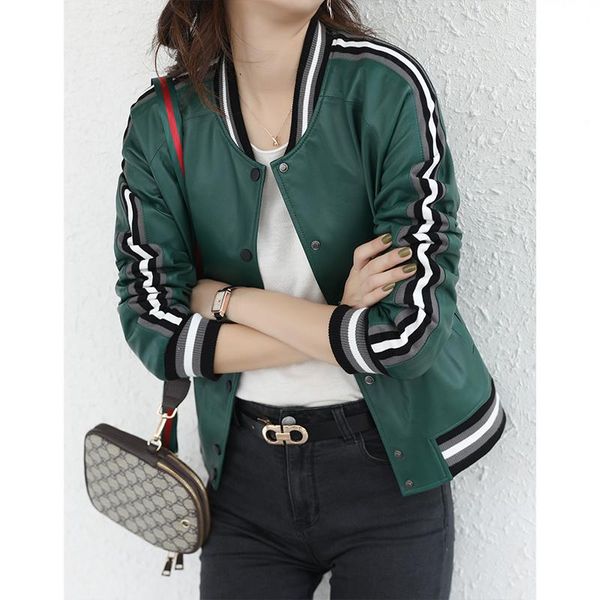 

women's leather & faux shzq baseball jacket sheepskin short coat long sleeve contrast 2021 autumn, Black