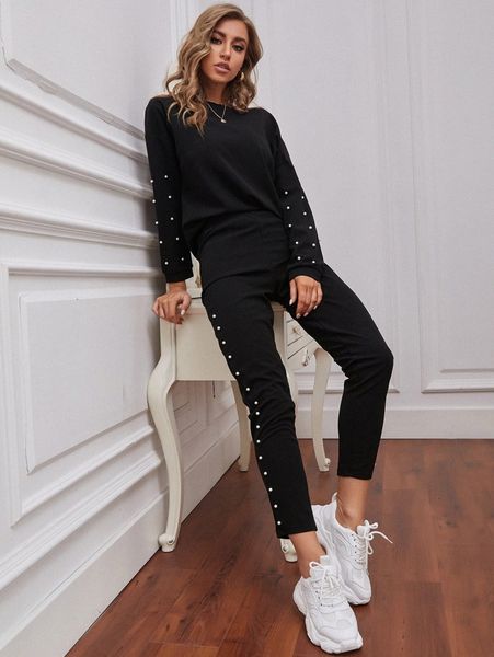 

drop shoulder pearls tee & pants p3b8#, White