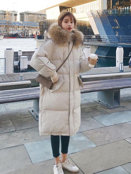 

Women's Down & Parkas Winter Cotton-padded Jacket Korean Stye Large Fur Collar Hooded Long Cotton Warm Loose Clothing Women Coat EKZZ, Black