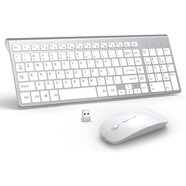 

keyboard mouse combos wireless and combo, full-size keyboard, slient click for pc, lap desk windows, mac os(silver white)