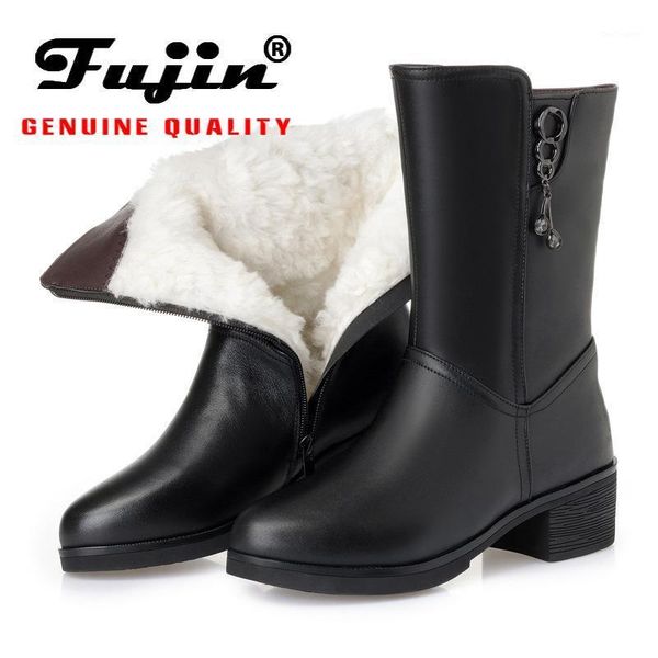 

boots fujin 2021 wool snow women warm flat bottom genuine leather platform forfur shoes plush high winter1, Black